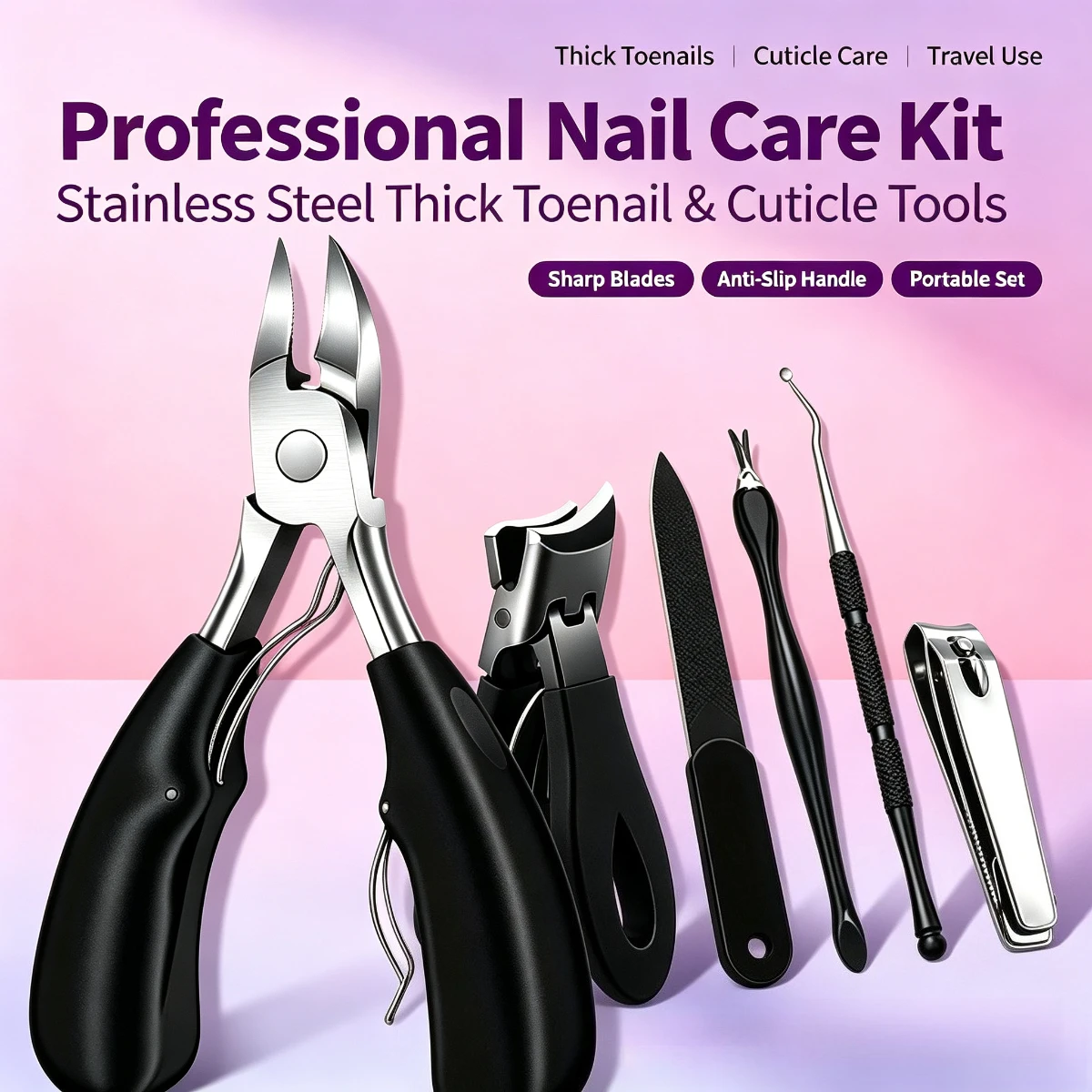 6Pcs Stainless Steel Toenail Care Kit,Heavy Duty Nail Trimming Tools,Clipper,Nipper,File,Unisex Grooming Supplies for Home