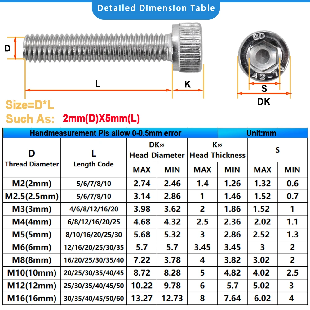 304 A2 Round Stainless Steel ISO7380 Allen Bolt DIN912 Hexagon Hex Socket Head Cap Screw M2 M2.5 M3 M4 M5 M6 M8 L=4-55mm 5-55pcs