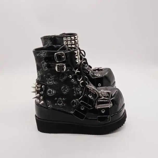 New Punk Black Leather Rivet Spikes Thick Sole Platform Short Boots Woman Round Toe Buckles Wedges Shoes Size 44