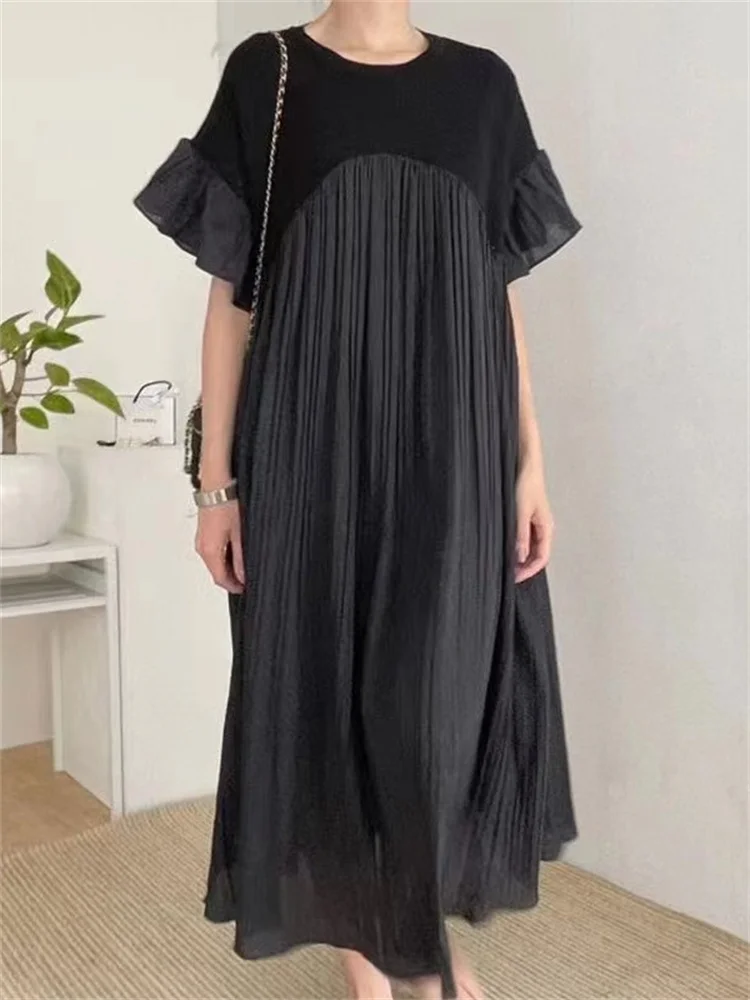 Korea Fashion New Women Summer Pleated Ruffes Dress Ladies Womens Loose Long Dresses Casual Office Pullover Woman Black Dress