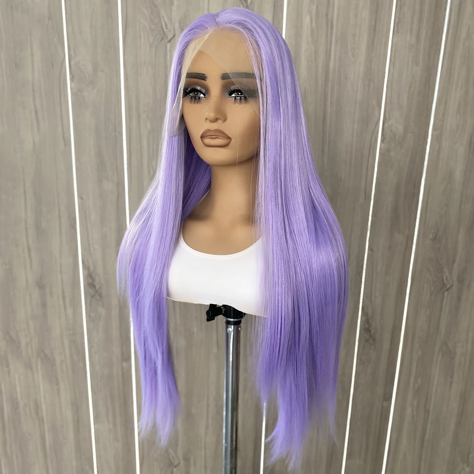 ラベンダーレースフロントウィッグ-13x4-ロングシルキーストレート人工毛ライトパープルウィッグ女性のための自然なヘアライン日常使用-cospaly
