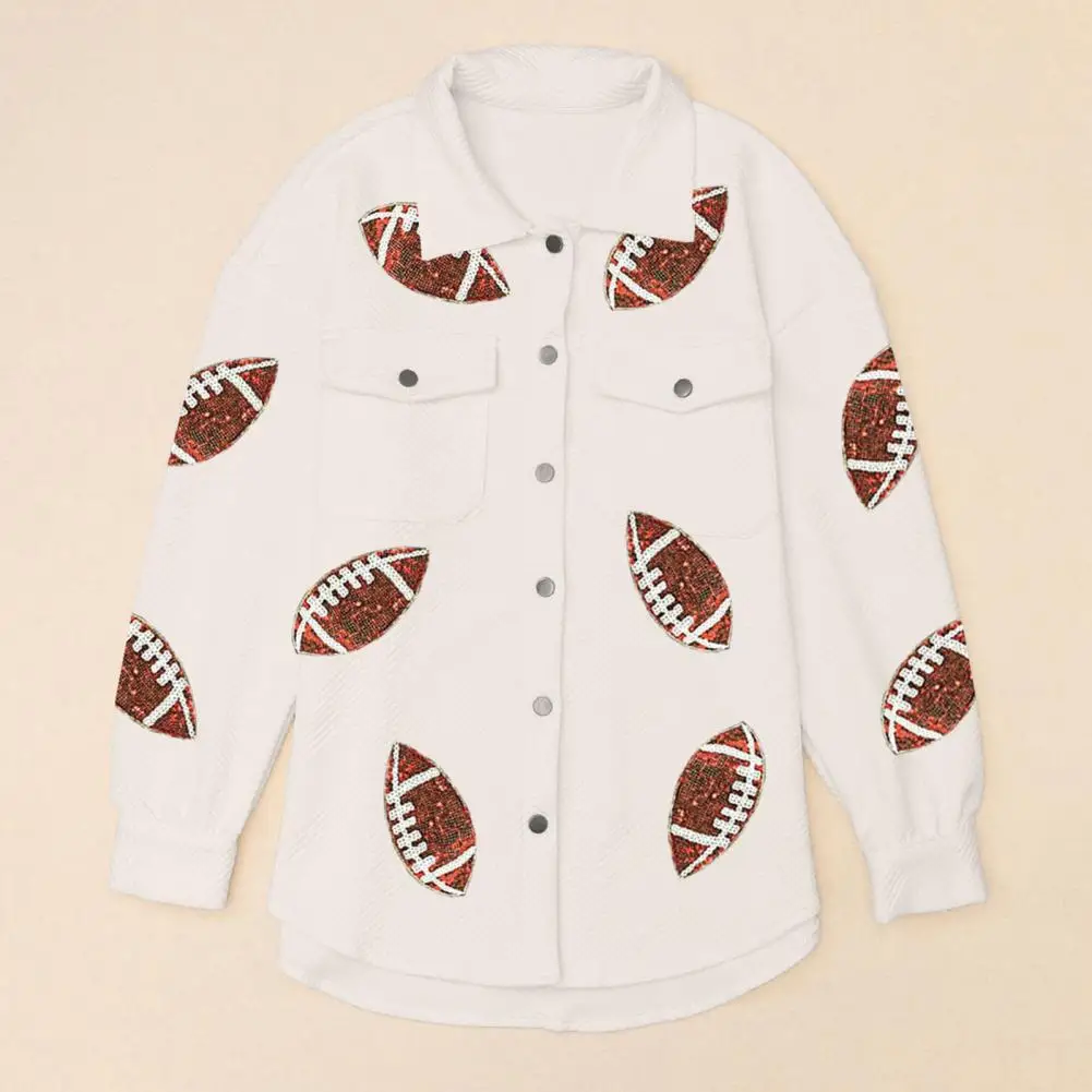 Elegant Women Coat Sequin Rugby Ball Pattern Women's Spring Coat with Turn-down Collar Patch Pockets Mid Length Loose for Spring