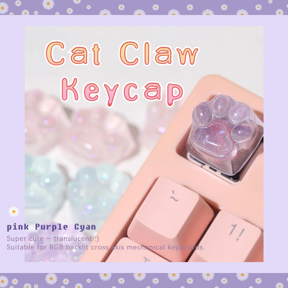 4Pcs New Hot Sale Translucent Pink Purple Cyan Cute Cat Claw Keycap Creative Cross Axis Mechanical Keyboard Keycap Decoration