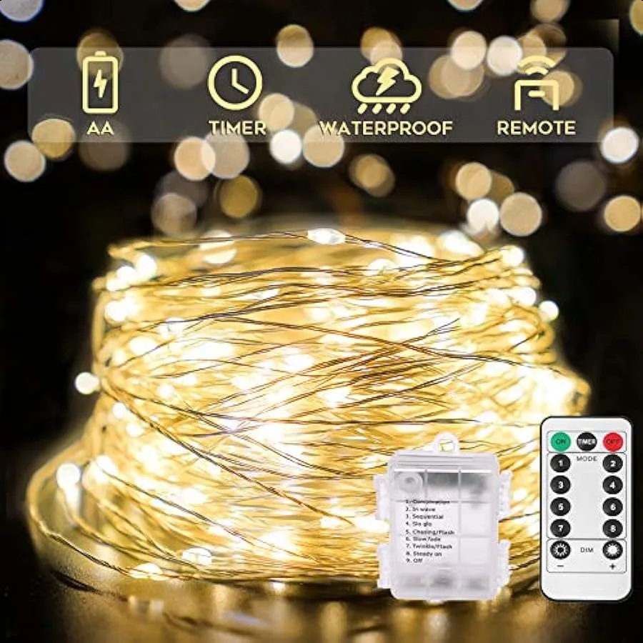 

66ft 200 LED Outdoor String Lights Warm White Christmas Fairy Lights Battery Operated with Remote Led Twinkle Lights for Bedroo