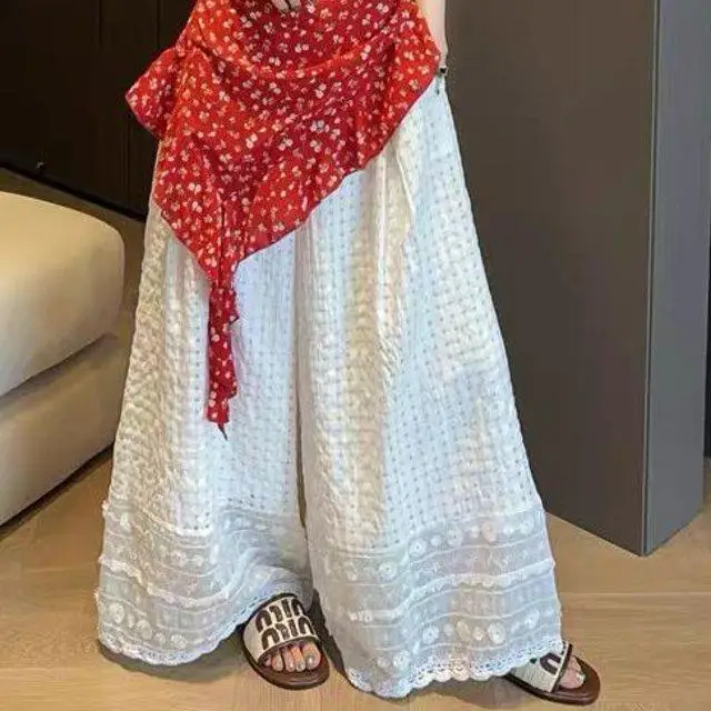 بسيطة مرنة الصناعة الثقيلة السراويل منقوشة جوفاء الدانتيل الربط كسول واسعة الساق السراويل عطلة نمط تصميم السراويل عارضة