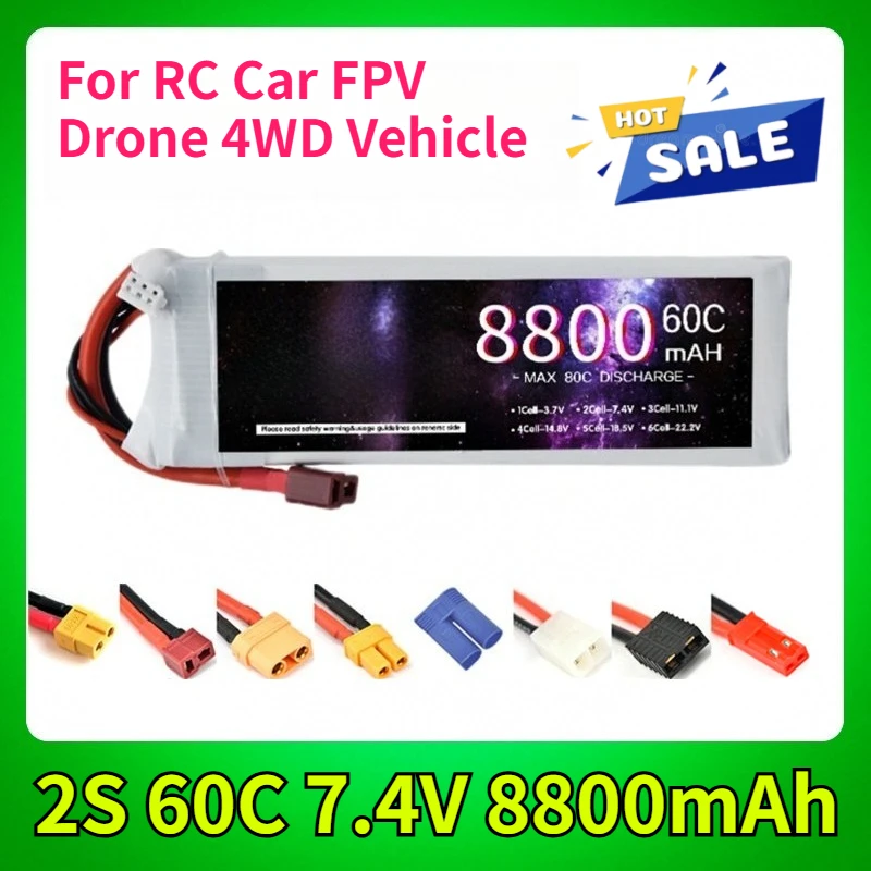 2S 60C 7.4V 8800mAh Model Airplane Battery for RC Car FPV Drone 4WD Vehicle with T XT60 EC5hollow XT90 TRX Plug
