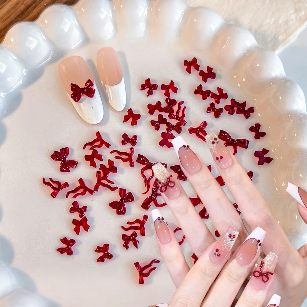 50 szt. Noworoczne czerwone kokardki z żywicy do zdobienia paznokci, mieszane mini kokardki żelowe 3D, ozdoby do paznokci do samodzielnego wykonania spinek do włosów i akcesoriów do paznokci. #