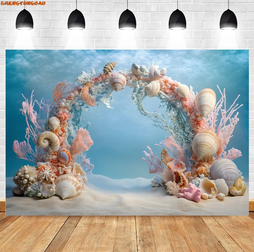Girls Princess Birthday Party Decorations Backdrop Underwater World Theme Shell Arch Little Mermaid Party Photography Background