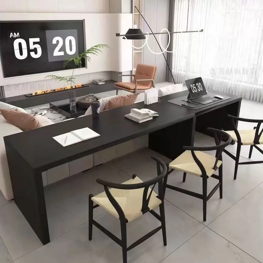 

Minimalist black living room double solid wood desk home super long sofa behind the long table to learn and write workbench