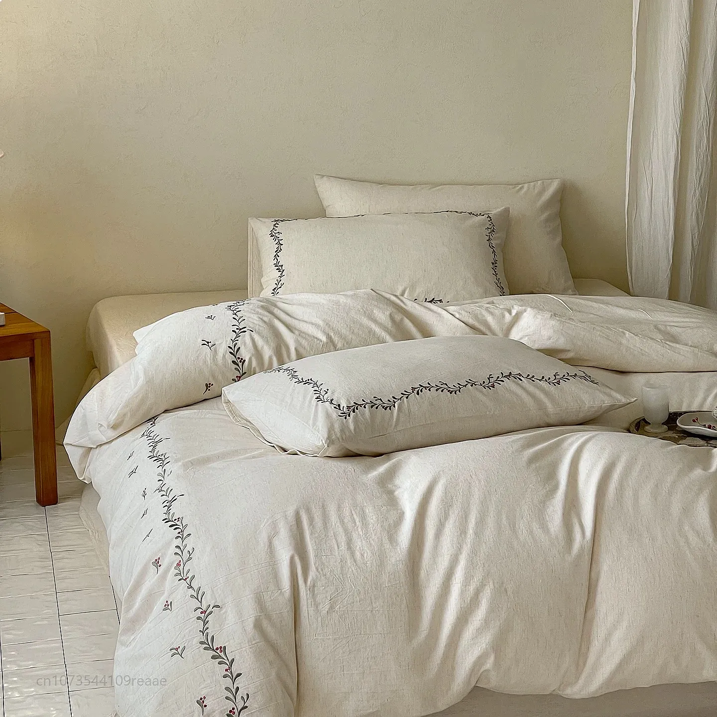 Linen Cotton Bedding Set 4 Piece, Soft Breathable All Season Comforter Cover Sheet Set