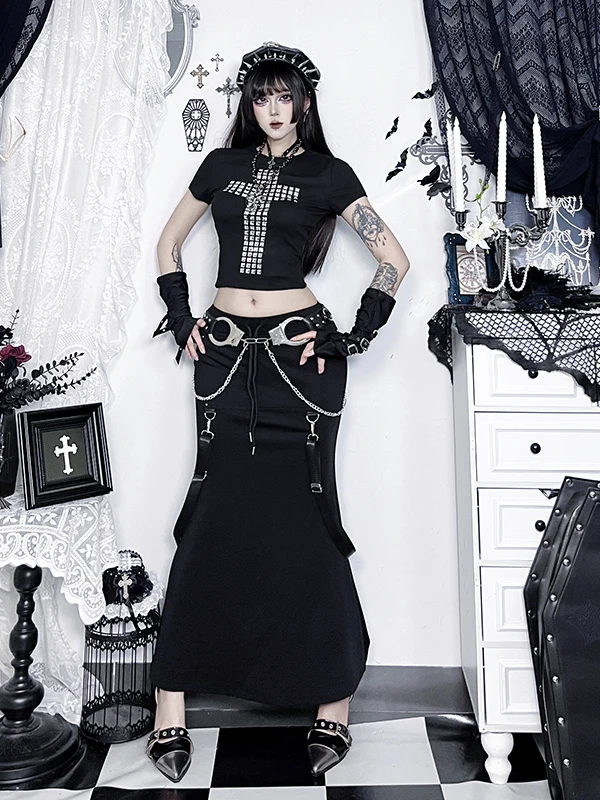 

Готическая сексуальная женская черная юбка-полусолнце с высокой талией и длинными рукавами для повседневной носки весной и летом в темном стиле