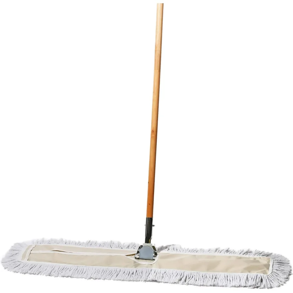 Commercial Dust Mop & Floor Sweeper. Dust Mop for Hardwood Floors, Cotton Reusable Dust Mop Head, Wooden Broom Handle