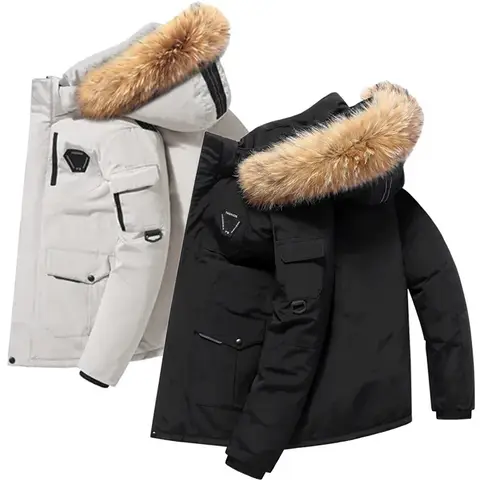 2026 Men's Winter Duck Down Jacket, Hooded Long Puffer Coat with Fur Collar, Windproof Warm Parka for Outdoor, Size 4XL