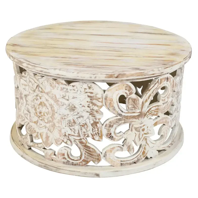 Elegant traditional interior style imitation, white floral carving coffee table handmade round interior decoration