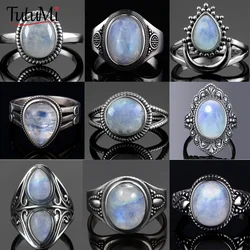 925 Sterling Silver Round Oval Natural Moonstones Ring For Women Rings Gifts Vintage Jewelry