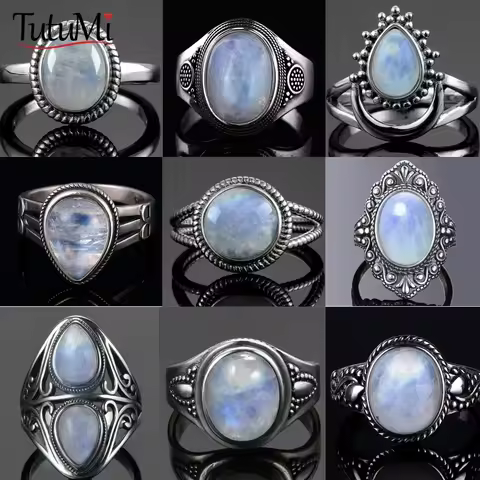 Vintage 925 Sterling Silver Round Oval Natural Moonstones Ring Water Drop Flower Shape Ring Fine Jewelry For Women Men