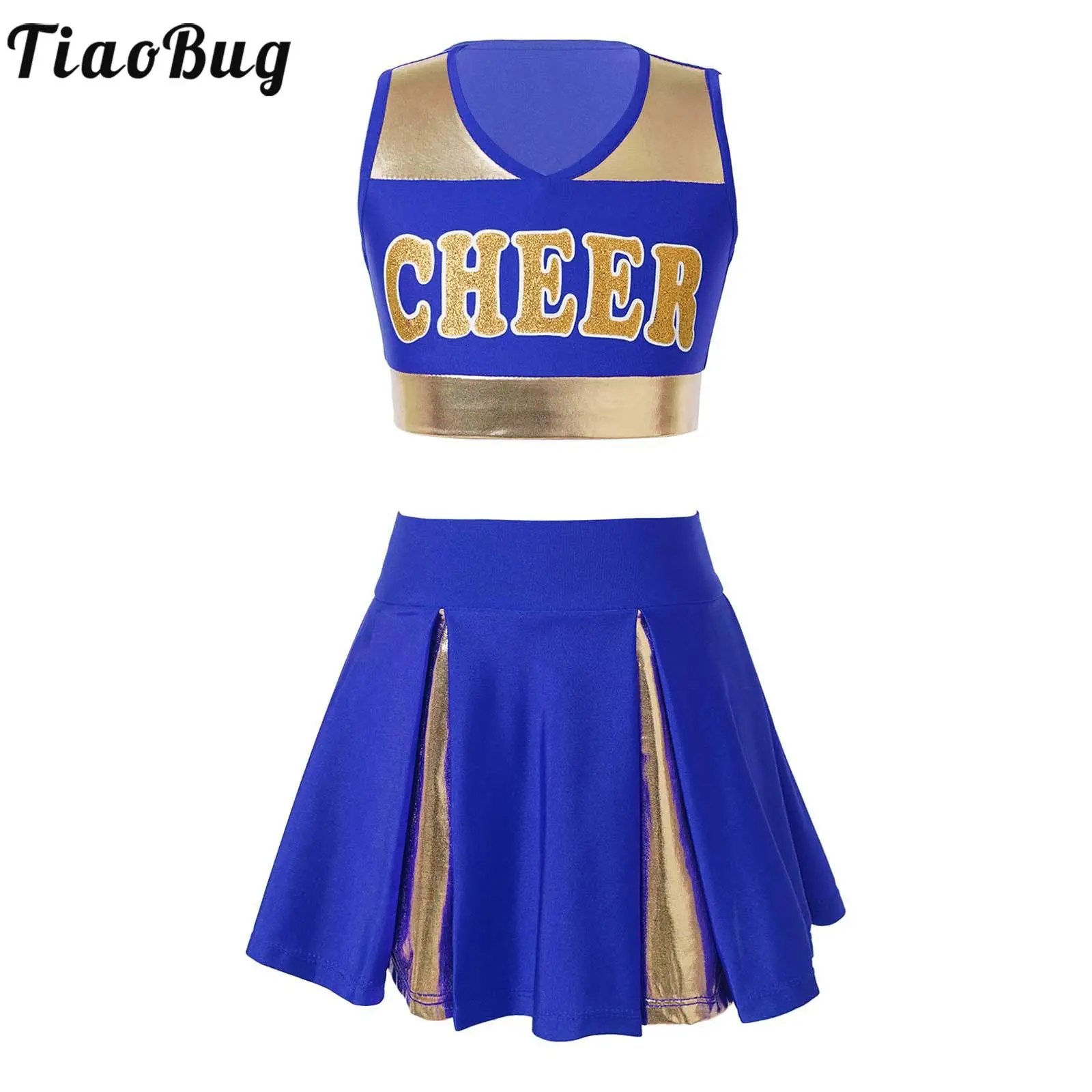 

Kids Girls Cheerleading Costume Cheerleader Uniform Sleeveless V Neckline Letter Print Crop Top with Elastic Waistband Skirt Set