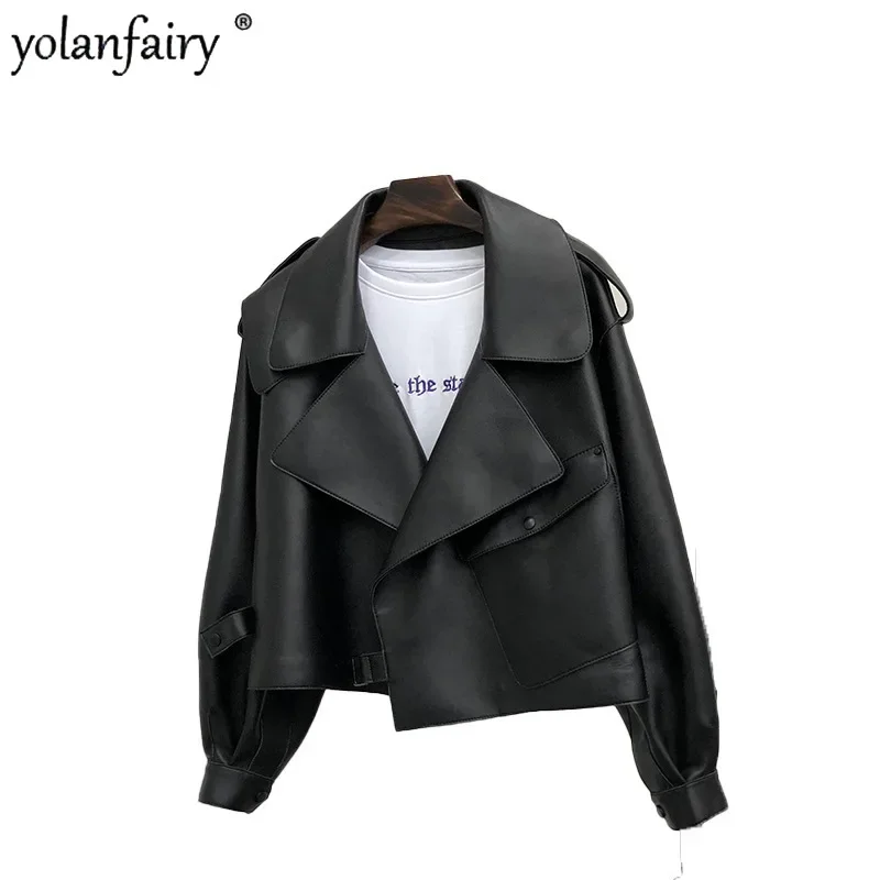 

YOLANFAIRY модная кожаная куртка с большим воротником, женские короткие пальто из натуральной овчины, женская новая верхняя одежда, корейская мода