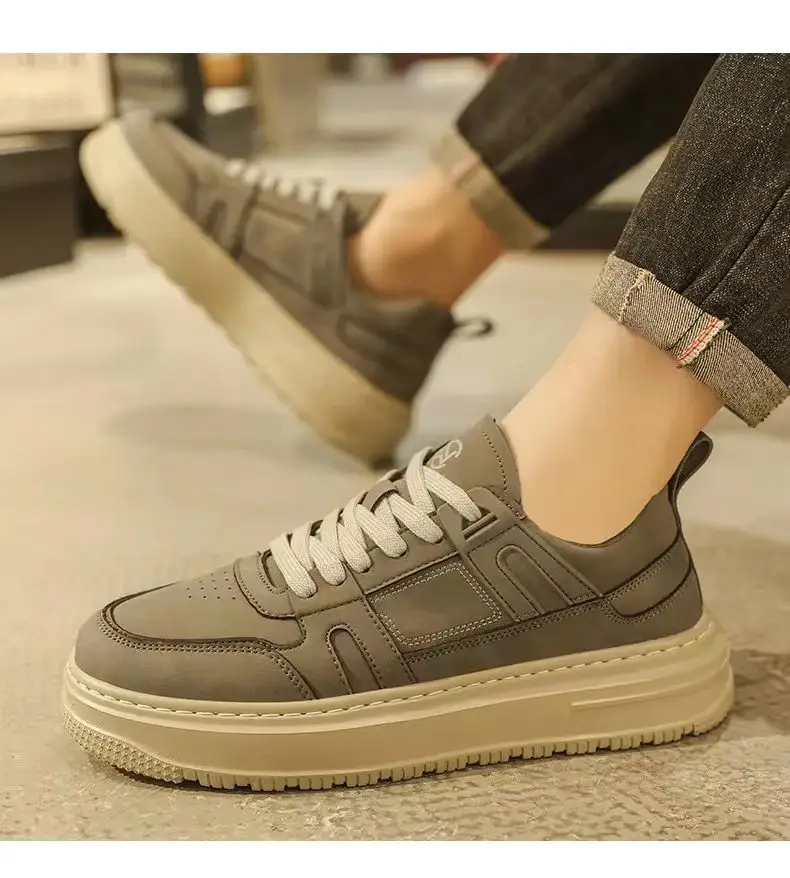 2023 New Men's Leather Sneakers High Quality Thick Sole Non Slip Waterproof Casual Board Shoes Casual Work Shoes