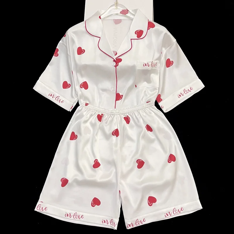 Women Pajamas Sets Summer 2 Piece Heart Print Pyjama Faux Silk Satin Buttons Sleepwear Short Sleeve Pijama Mujer Pjs Homewear