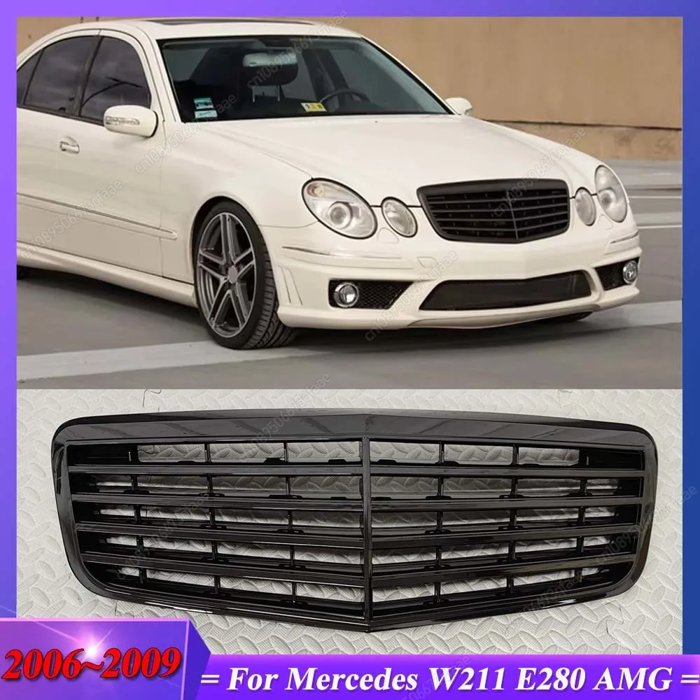 

For Mercedes Benz W211 E-Class E280 E320 E350 E400 E500 Saloon 2006-2009 Facelift Gloss Black Front Bumper Grille Grill Body Kit