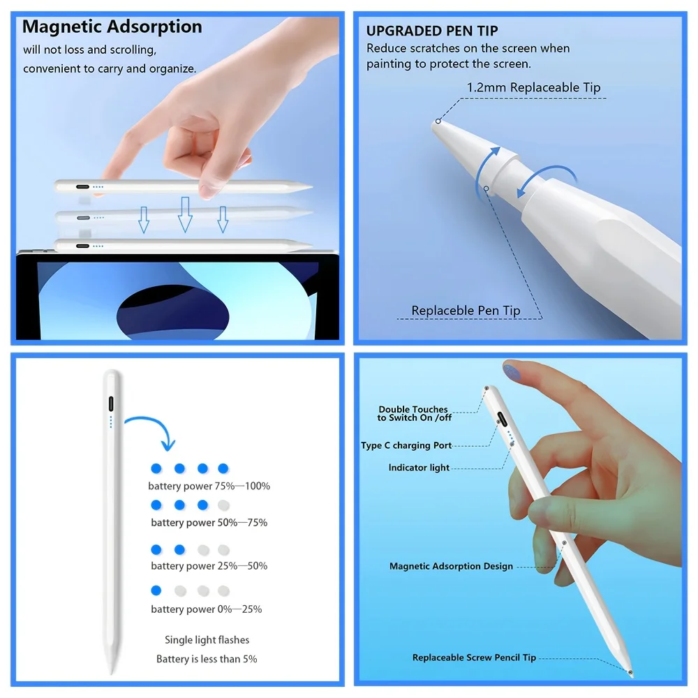 Stylus Pens for iPad A16 2025 10th Air 3 4 5 Pro 3 4 5 6 11 Mini 6 7 Touch Screen Pen For ipad Pencil With Palm Rejection