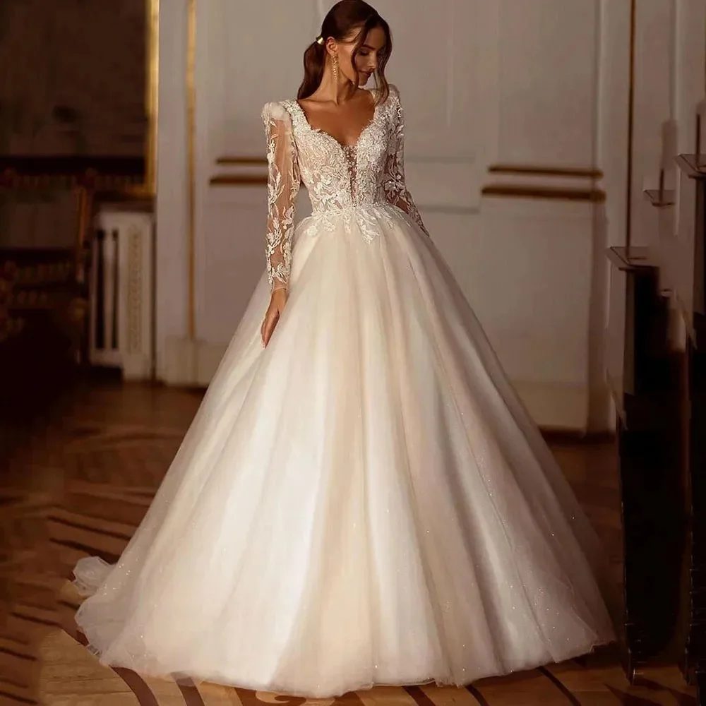 Robe de mariée A-ligne personnalisée, appliques à manches longues, robe de mariée de luxe, dentelle, tulle exquis, nouveau