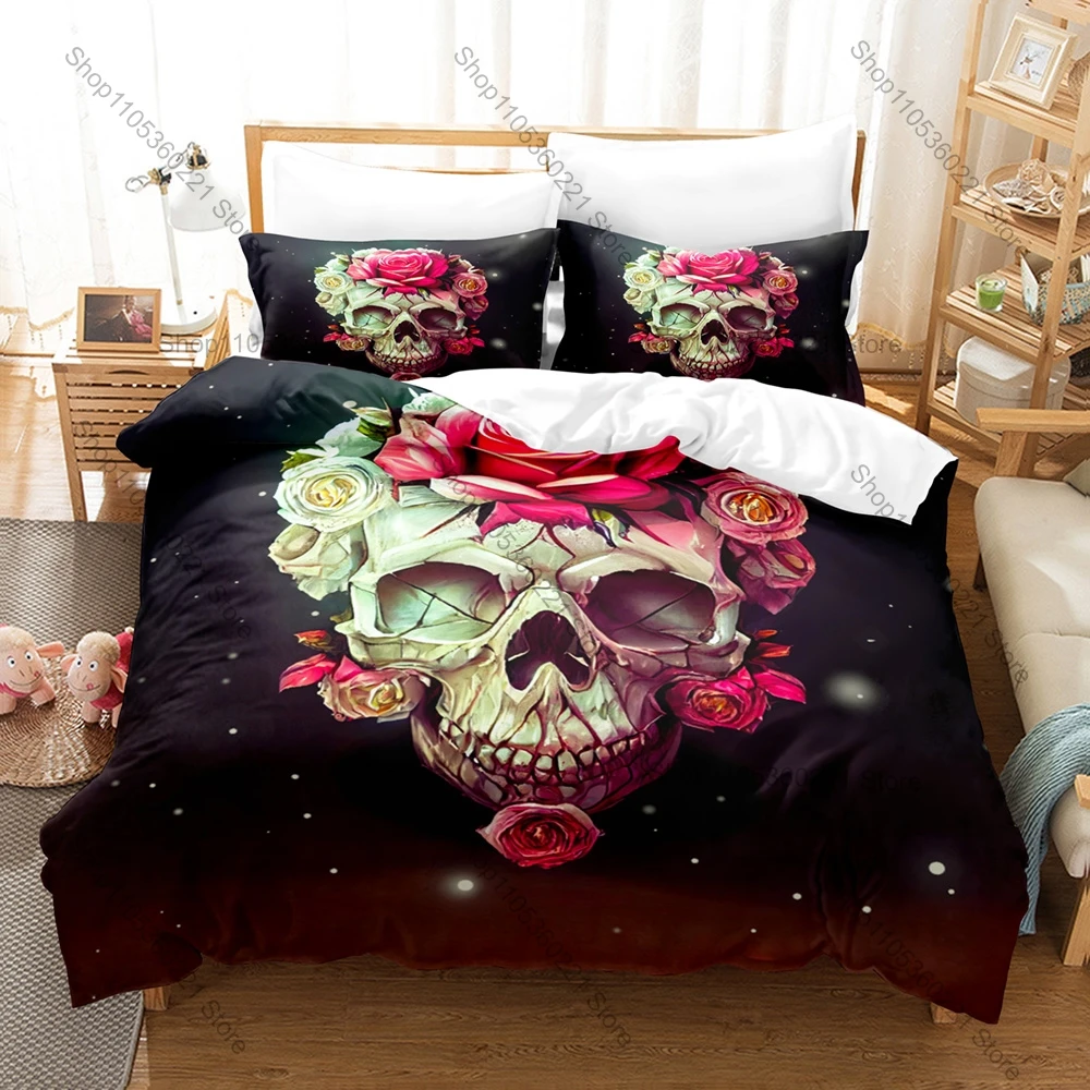 Roses & Skulls Pattern Duvet Cover + 2 Pillowcases, Dark Art Themed Cozy Bedding for Gothic Style Enthusiasts Daily Use