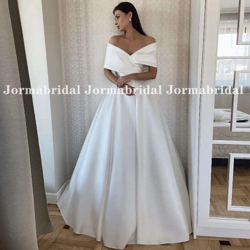 

Crisp Satin Wedding Dress with Cuffed Off the Shoulder Neckline Princess Draped Skirt Floor Length A-line Bridal Gown Customized