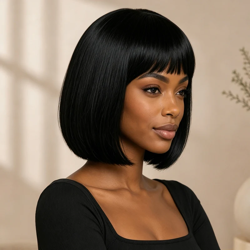Pure black bob wig with smooth synthetic fiber bangs, suitable for everyday wear and cosplay/party looks, 12 inches.
