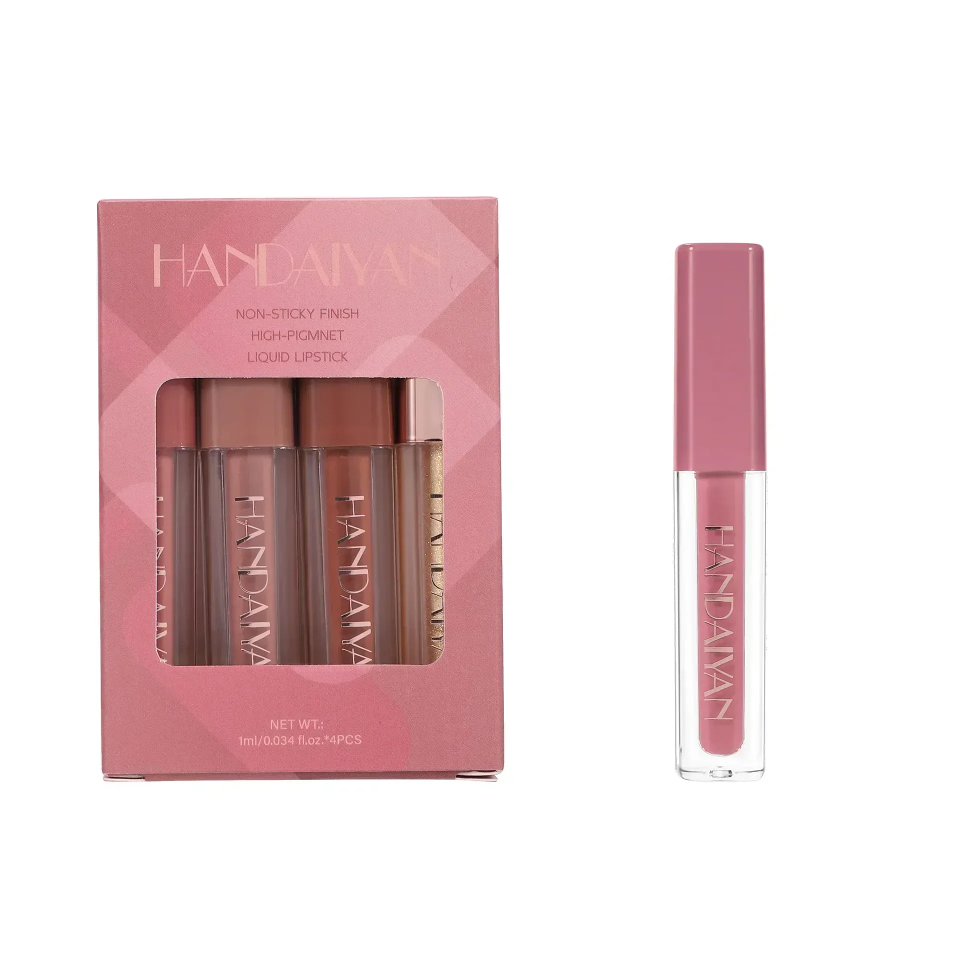 HANDAIYAN New 4 Pcs Lip Gloss Set Silky Matte Finish Moisturizing Waterproof Non Stick Professional Liquid Lipstick 1ml*4