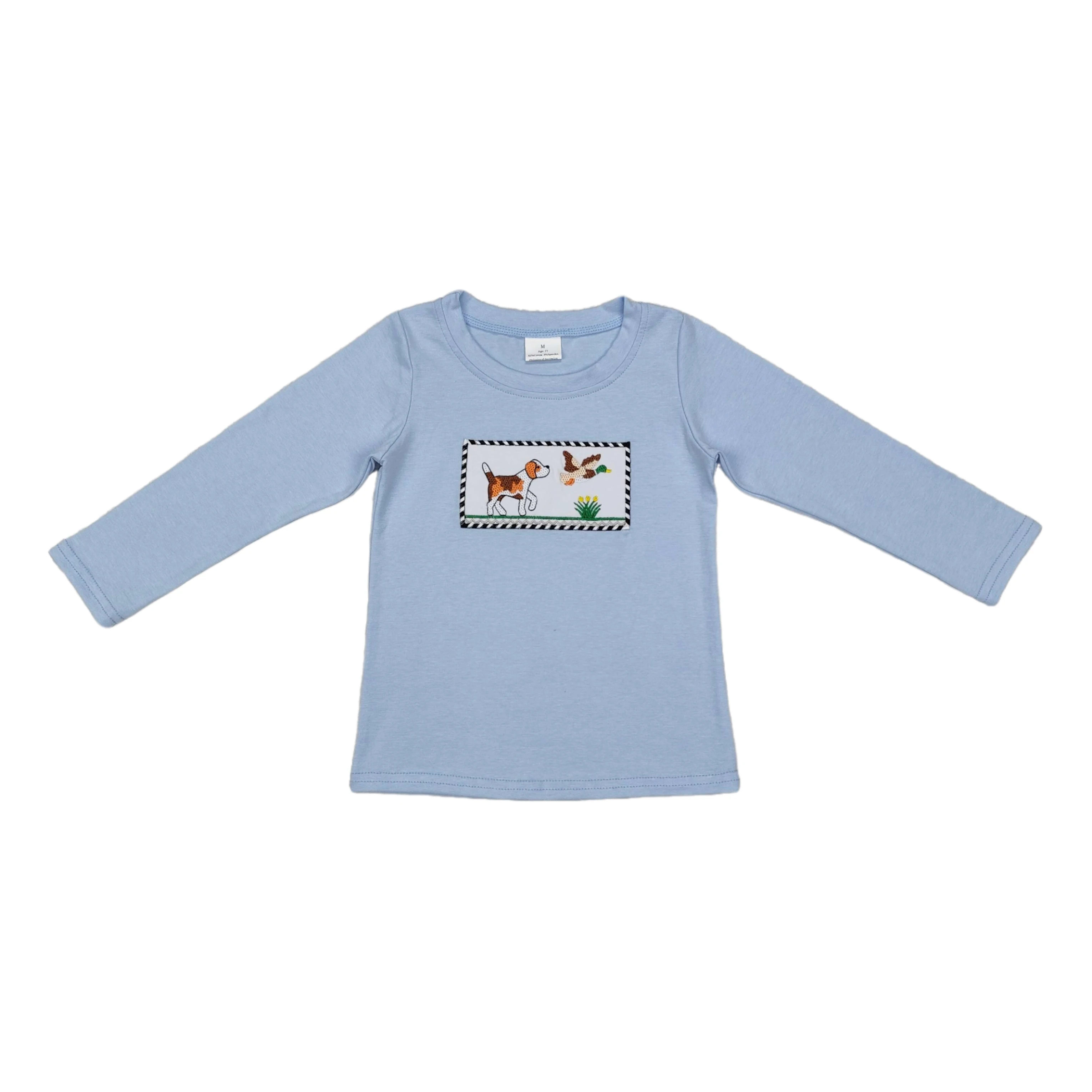 

Wholesale Children Embroidery Dog Duck Deer T-shirts Toddler Blue Cotton Pullover Long Sleeves Baby Boy Shirt Kids Clothing