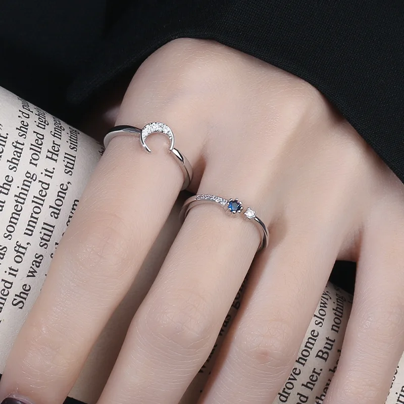 

VENTFILLE 925 Sterling Silver Blue Star and Moon Ring Female Open Korean Version Creative Internet Celebrity Ring