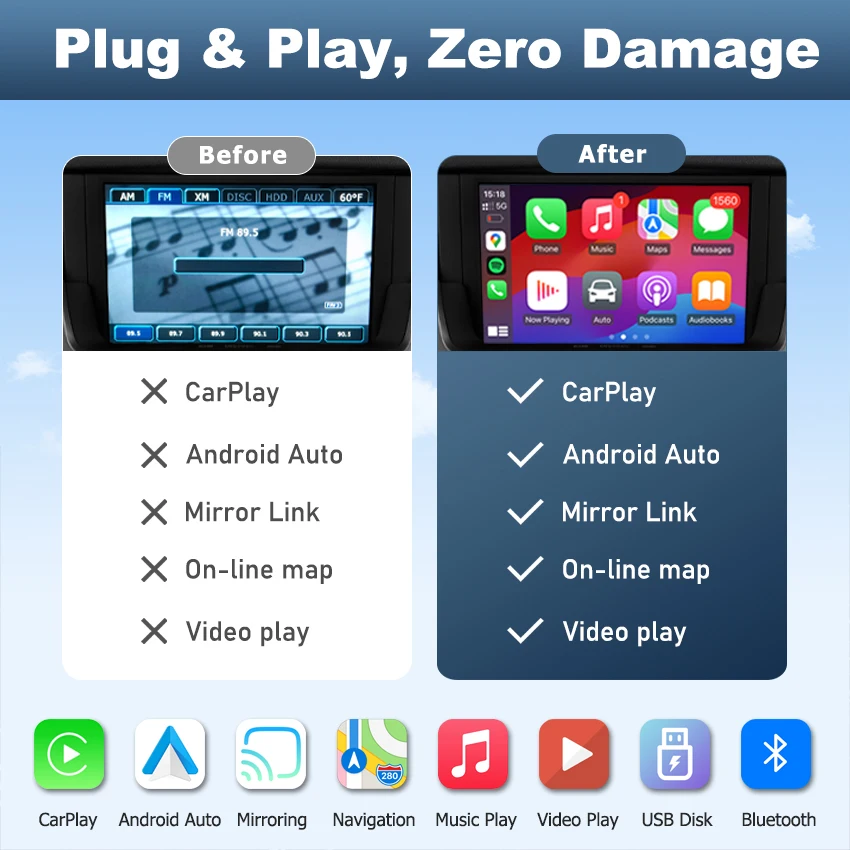 CarPlay اللاسلكي Android Auto يناسب 2009-2012 كاديلاك CTS شاشة تلسكوبية التوصيل والتشغيل الوسائط المتعددة USB الملاحة DSP