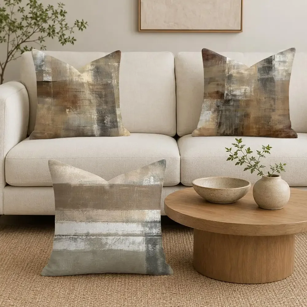 Neutral Abstract Texture Paint Natural Linen Cushion Cover Double-Sided Print Sofa Pillowcase Home Decor Gift