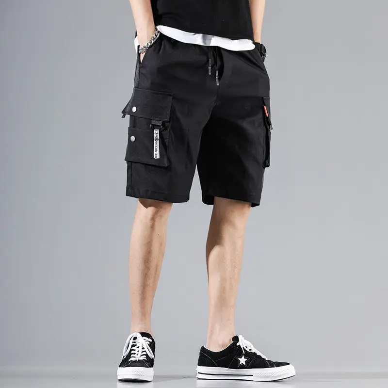 Calção japonês de carga masculino, cordão solto, calça reta de bolso múltiplo, tendência de rua hip-hop, esportiva, casual, ao ar livre, verão, 2024