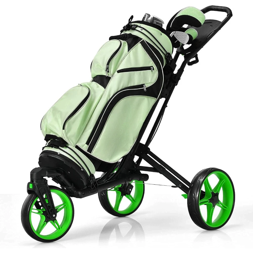 

Golf Push Cart with 360° Rotating Front Wheel, Aluminum Collapsible 3 Wheels, Trolley w/Elastic Strap,Height-Adjustable Handle