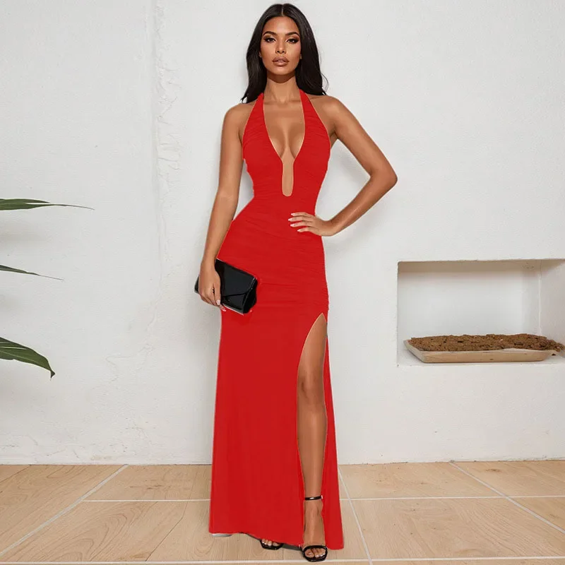 

Women's Clothing Summer New Sexy Solid Color Neck Split Party Dresses Maxi Long Dress Vestido Plus Size 9XL 8XL 7XL 6XL XXXXXL
