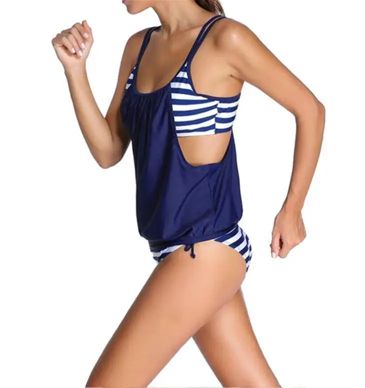 Women PLus Size Striped Tankini Vest Top Strap Swimsuits Swimwear Tankini  Ladies Female Belly Covered Tankini Set FS1736