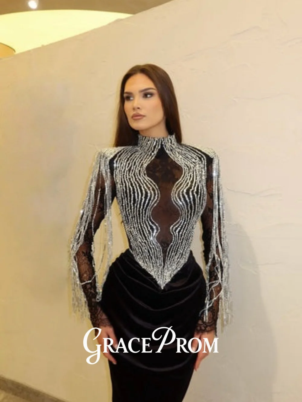 

GraceProm High Neck Crystal Fringe Evening Dress Luxurious Velvet Sheer Red Carpet Gown Glamorous Mermaid Floor-Length Party Gow