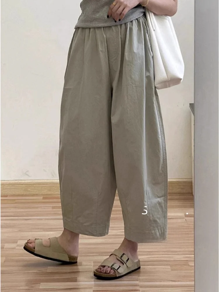 Pantalones de pierna ancha sueltos retro Pantalones de globo finos de tamaño pequeño coreano de verano para mujer Pantalones casuales de pierna recta de algodón de cintura alta Tr...