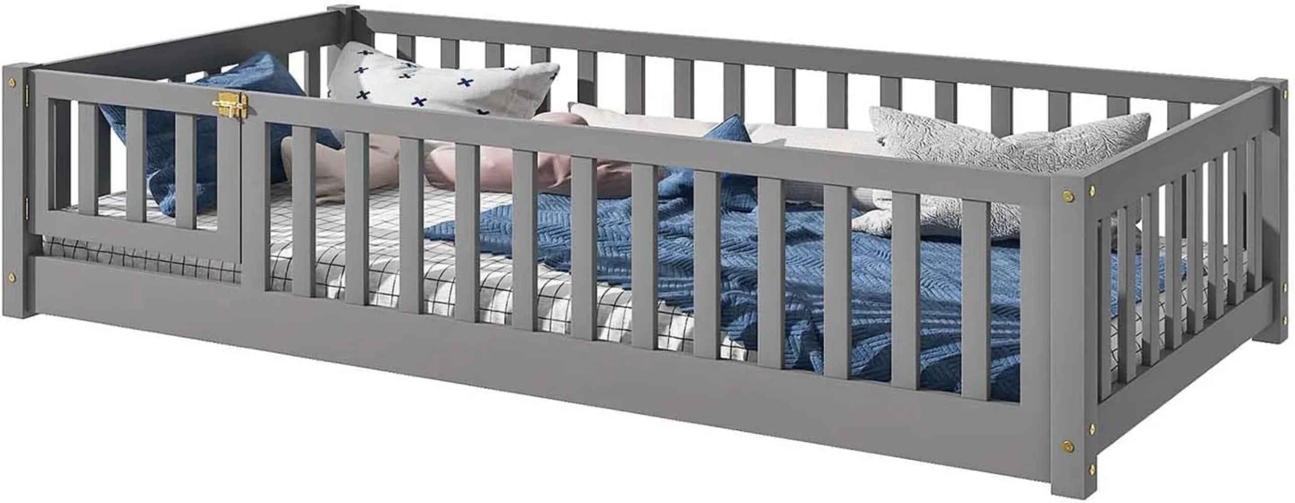 Cama de chão Montessori de tamanho duplo Tatub com guardas de segurança, cama Montessori de madeira maciça com ripas e porta