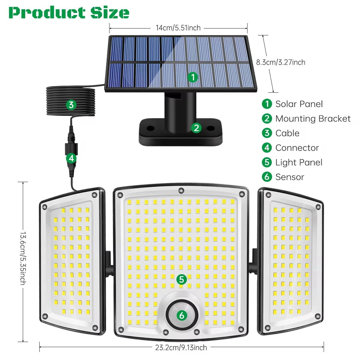 LED Solar Light Outdoor 278 Beads 3-Sided Split Design Auto On/Off IP65 Waterproof 3 Mode Remote Control Solar Wall Garden Light