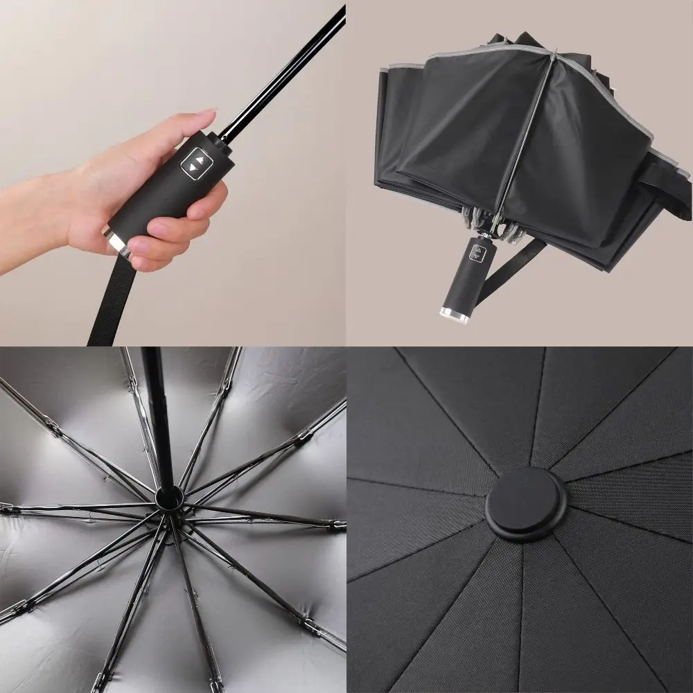 New Reflective Stripe Automatic Umbrella UPF50+ Vinyl Folding Umbrella 10 Bone Wind Resistance Three Fold Umbrella for Outdoor