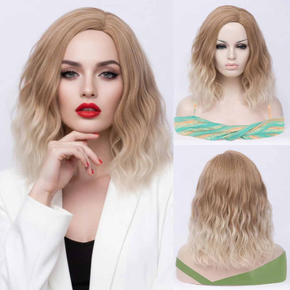 Women Short Synthetic Heat Resistant Brown Blonde Wig Fluffy Wavy Side Part line Layered Wig Daily Party Cosplay