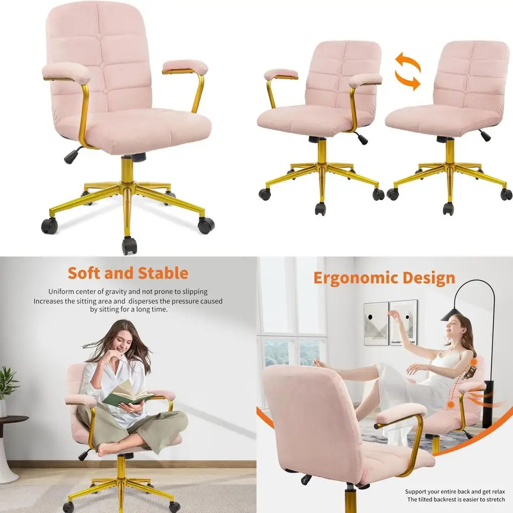 

Pink Velvet Swivel Chair with Gold Legs for Home Office, Vanity, and Study, Adjustable Height with Wheels