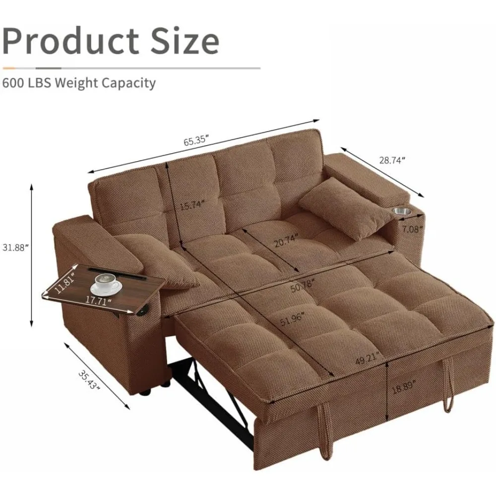 Диван-кровать-трансформер 65 с регулируемой спинкой, шезлонг, приставной столик, портами USB/Type-C — стильное функциональное пространство