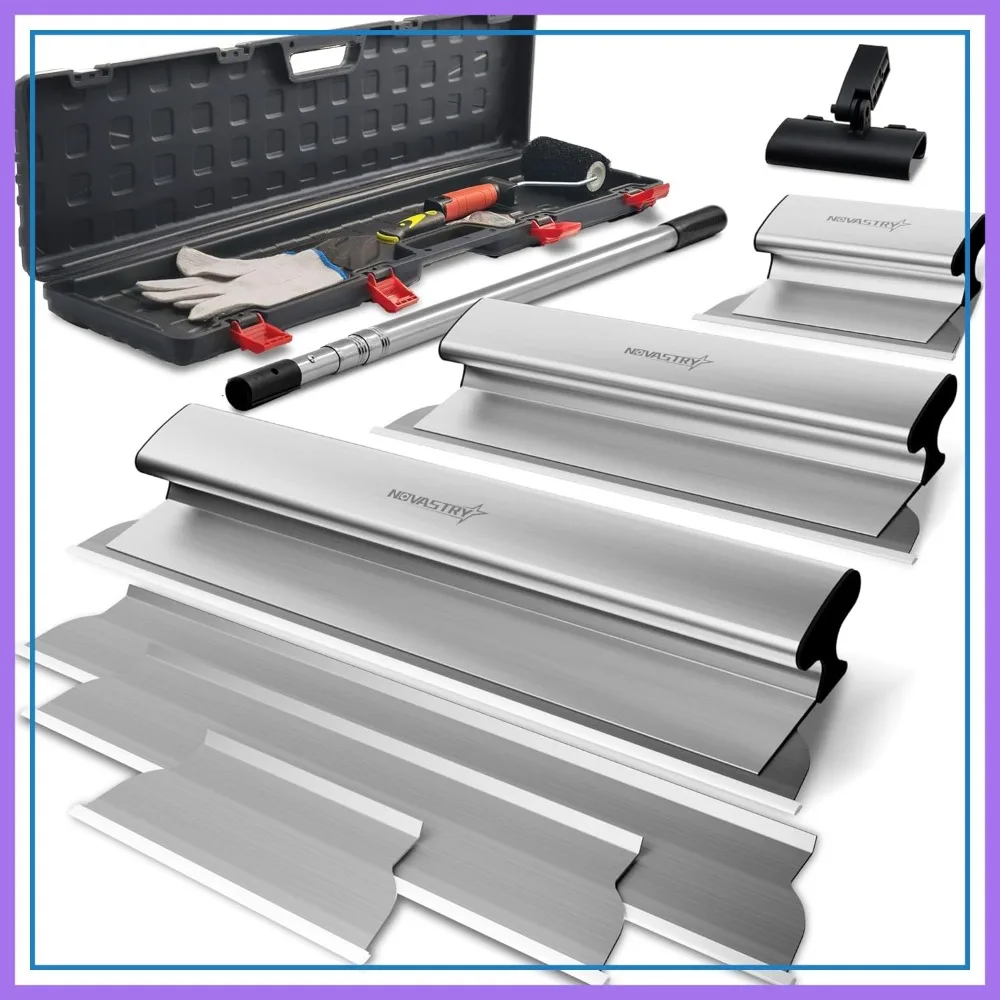 

Drywall Skimming Blade Set 12 24 32 Inch Stainless Steel with Extension Handle 3 Spare Blades Roller Putty Knife Wall Finishing Storage Box