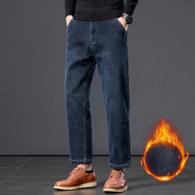 Winter Fleece Thickened Warm Men's Jeans Retro Blue Velvet Straight Leg Length Nine-point Denim Trousers Lined Wool  Pants
