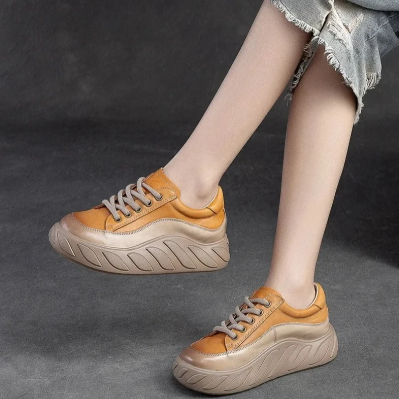 

Женские туфли на платформе на плоской подошве, 2025 г., туфли-лодочки на толстом каблуке, роскошные женские туфли на платформе из натуральной кожи с весенним шитьем и шнуровкой